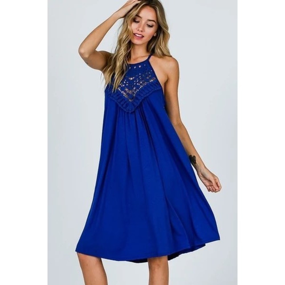 Sweet Lovely by Jen Royal Blue Crochet Lace Halter A-Line Dress NWT Medium